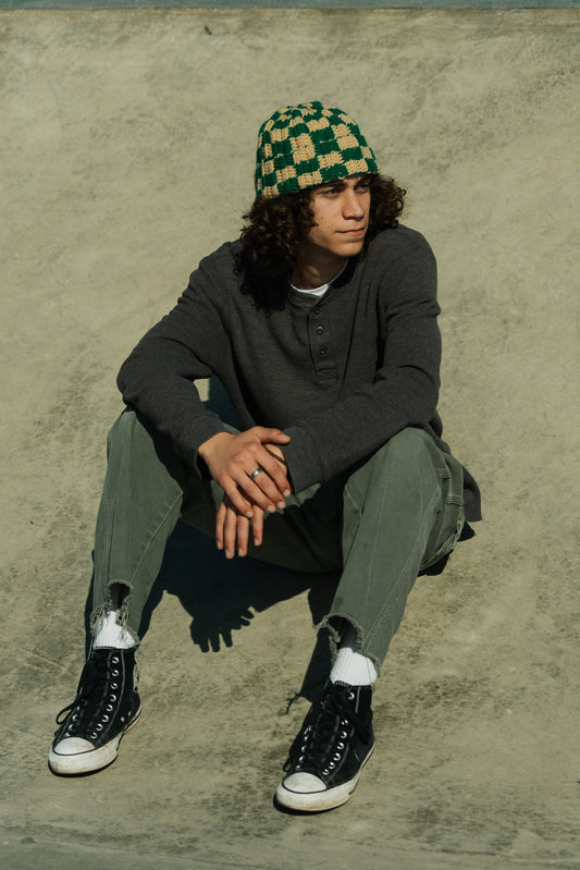 Checkered Beanie: Green and Tan