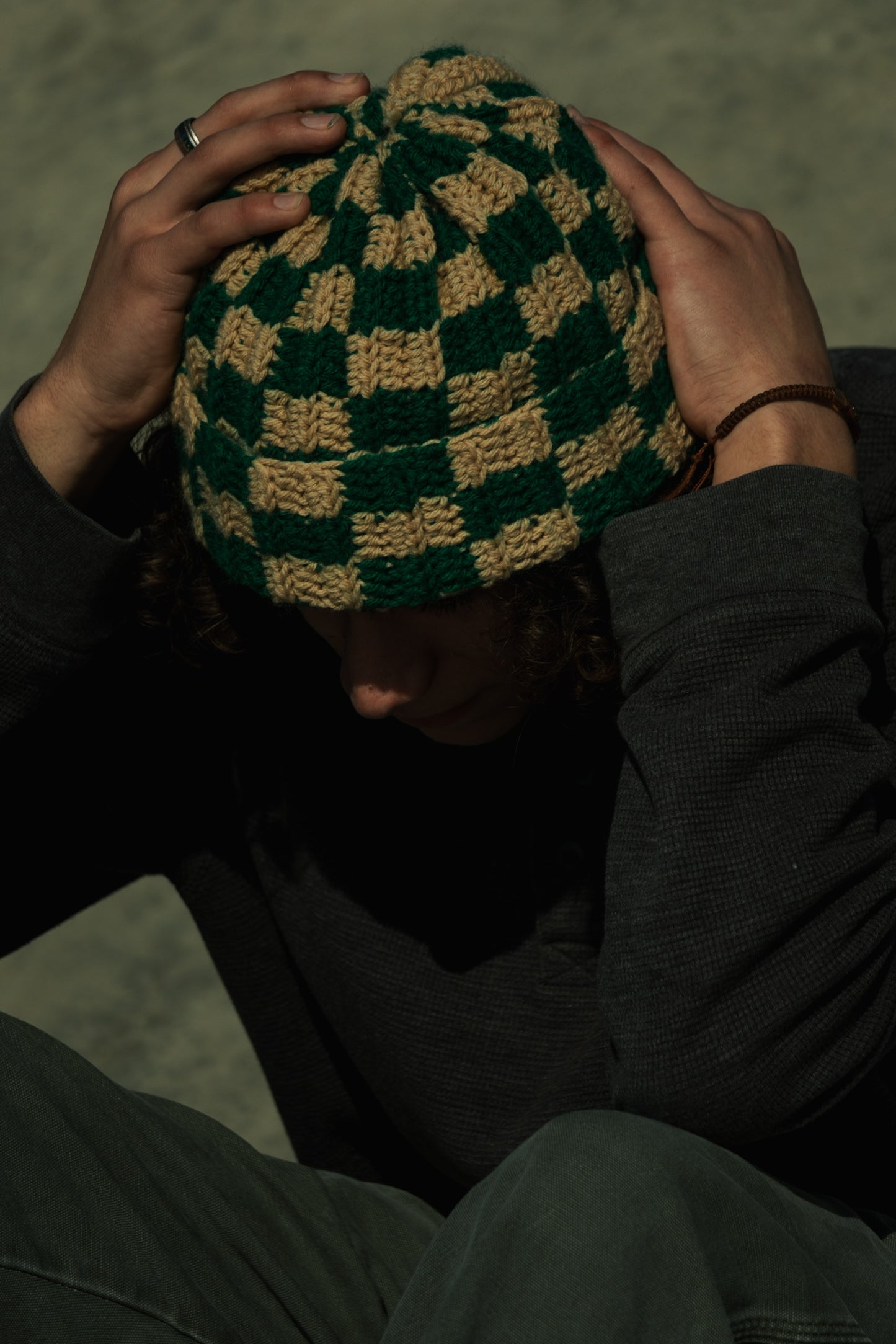 Checkered Beanie: Green and Tan