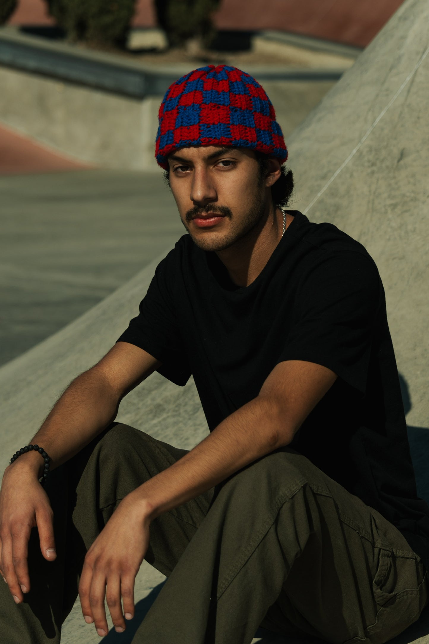 Checkered Beanie: Red and Blue