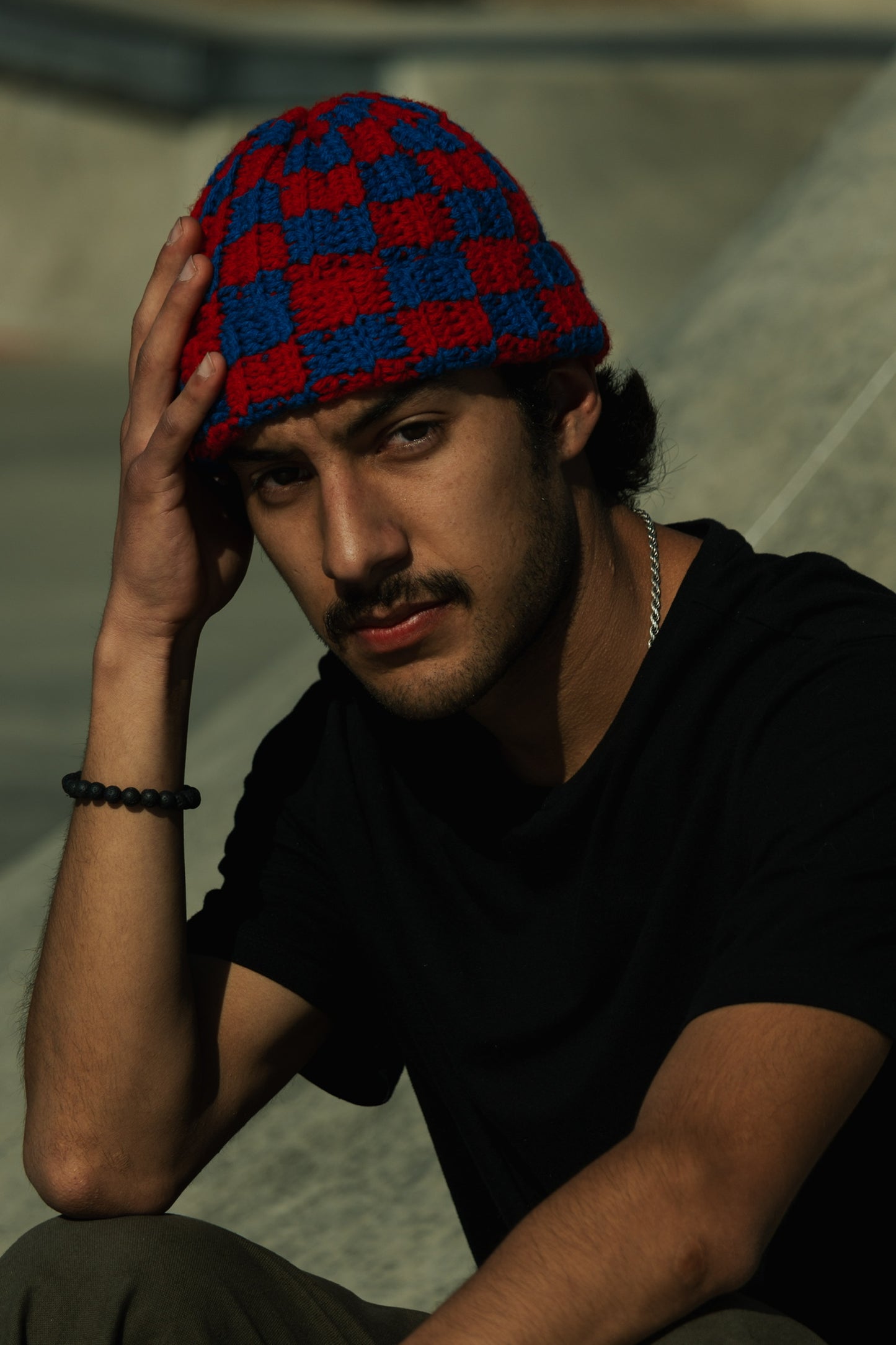 Checkered Beanie: Red and Blue